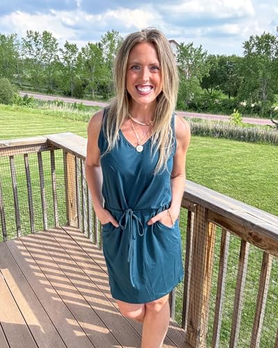 Image of AUSELILY Womens Summer Sleeveless V-Neck Drawstring Waist Beach Cover up Mini Short Swing Dresses with Pockets