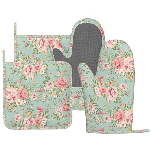 DYCBNESS Pink Flower Oven Mitts Pot Holders Set...