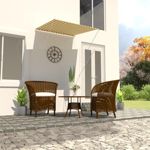 Rantry Einziehbare Markise Balkonmarkise Klemmmarkise Fallarmmarkise Handbetrieben Sonnenschutz Fenstermarkise für Fenster Terrasse Balkon 100×150 cm Gelb und Weiß