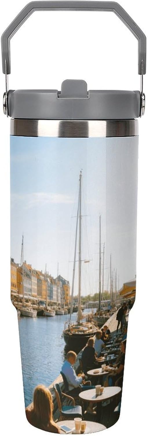 30 Oz Insulated Mug with Handle Lid And Straw Newport Canal Pattern Large Metal Sports Bottle Great for Gifts Parties Office Coffee