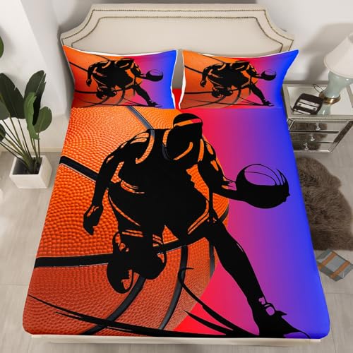 jejeloiu Kids Basketball Fitted Sheet Twin Size, Gaming Sports Bedding Set Ball Games Bed Sheet Set Boys Girls Teens Bedroom Decor Bed Set 2Pcs (No Flat Sheet)