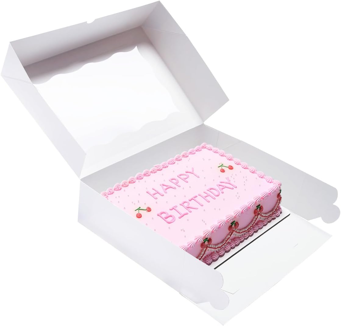 15 Pack 14x10x3.75 Inch Auto-Popup Large Rectangle Cake Boxes with Cake Boards, White Bakery Boxes for Quarter Sheet Cakes,Cupcakes, Brownie,Pie & Donuts