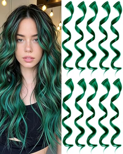 10 Pcs Dark Green Clip-In Curly Wavy Soft Synthetic Hair Extensions 17 Inch