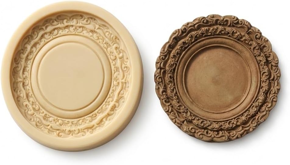 Vintage Frame Silicone Mold – Oval & Round Tray Mold for Plaster & Aroma Sachet DIY (Scalloped Round Frame)