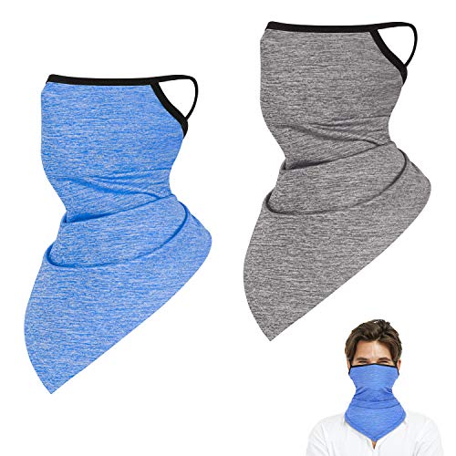 2 Pack Neck Gaiter with Ear Loops, Outdoor Face Cover Scarf Bandana Balaclava for Men and Women (Deep Blue & Gray)