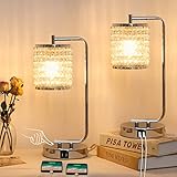 FAGUANGAO Crystal Touch Control Table Lamp,with Dual USB Charging Ports,3 Way Dimmable Set of 2 Silver Bedside nightstand Lamp Industrial Desk Lamps E26 Base for Bedroom Living Room,LED Bulbs Included