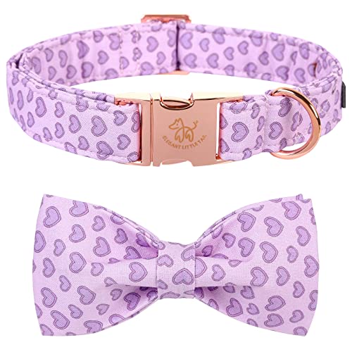 Elegant Little Tail X-Small Purple Heart Pattern Valentine's Dog Collar with Bow, Bow Tie Dog Collar for Puppy