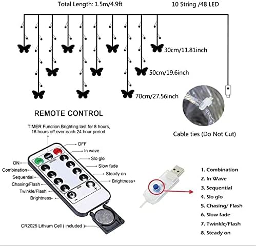 Miniatura 4 de Luces de cortina de mariposa 8 modos de 48 luces LED parpadeantes con control remoto de 49 pies alimentado por USB luces decorativas para dormitorio
