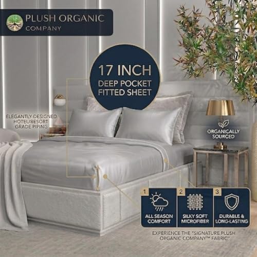 Image of King Luxury 4 Piece Bedsheet Set, Silver Gray with White Piping, Cooling Resort Bedding, Ultra Soft, Viscose derived from Bamboo, Organically Grown,300 Thread Count