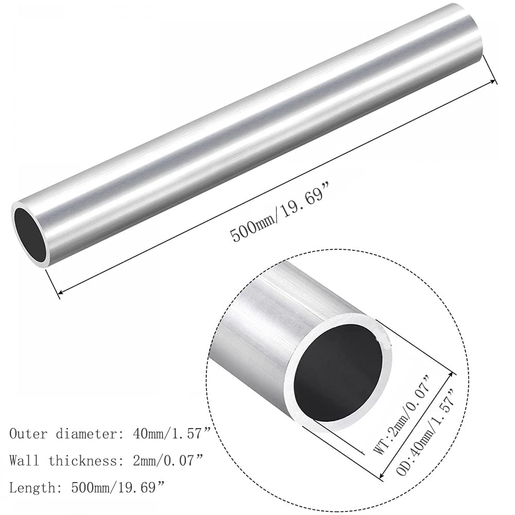 6063 Aluminum Tubes - Set of 2, Thick Wall Round Aluminum Straight tube, Outer Diameter 40mm, Wall thickness 2mm, Length 500mm