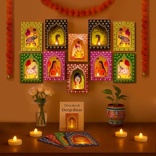 Divyakosh Paper Deep Dwar (Pack of 10) with LED Candles | Jharokha Style Home Decor Item, Ganpati Diwali Decor, Pooja/VAR Laxmi Decoration | Wall Decor, Stairs Decoration, Easy DIY Craft |