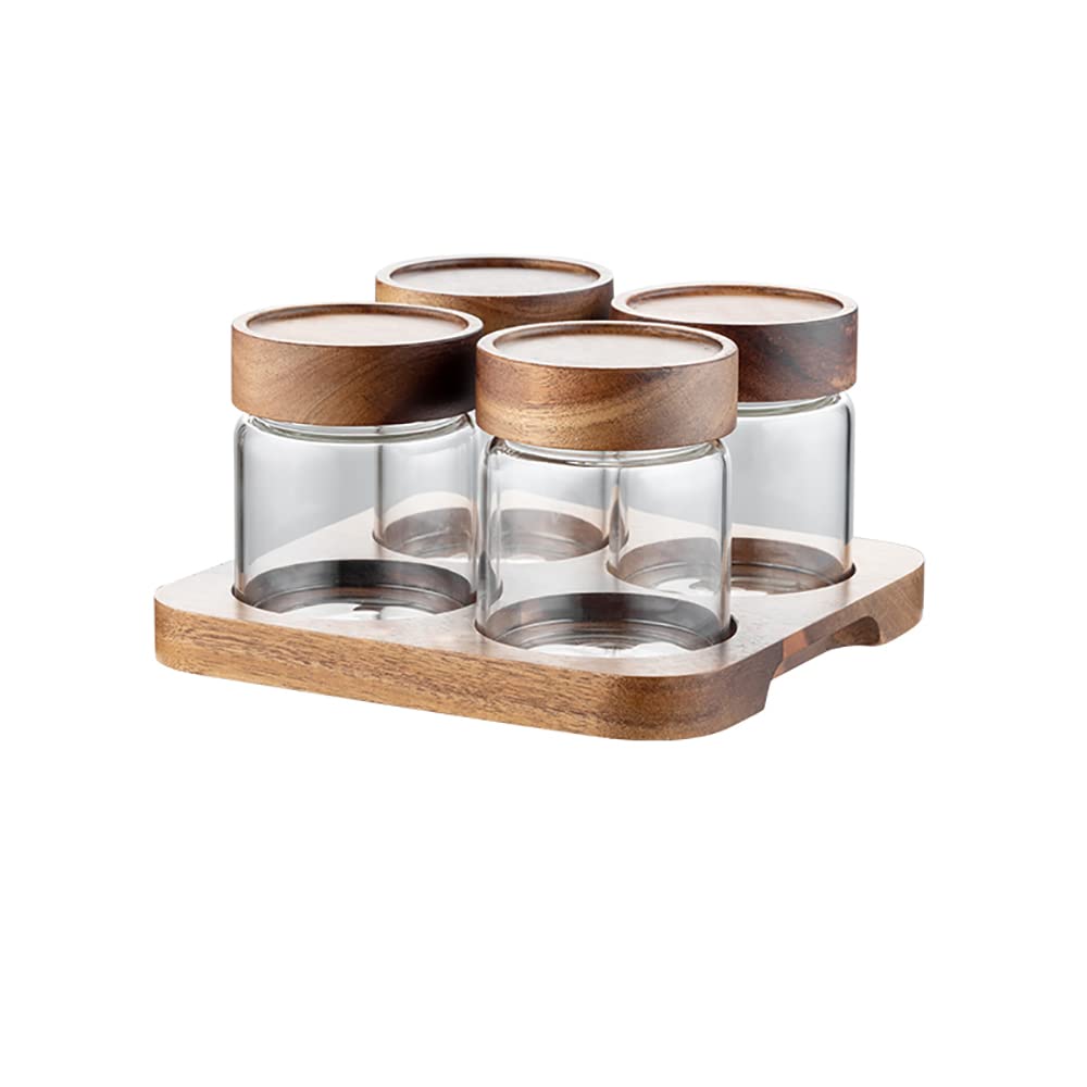 Barattolo, barattoli di vetro, barattoli for alimenti, barattoli in vetro for alimenti con chiusura ermetica, coperchi in legno di acacia e base in legno for zucchero, sale, caffè, biscotti, spezie (4