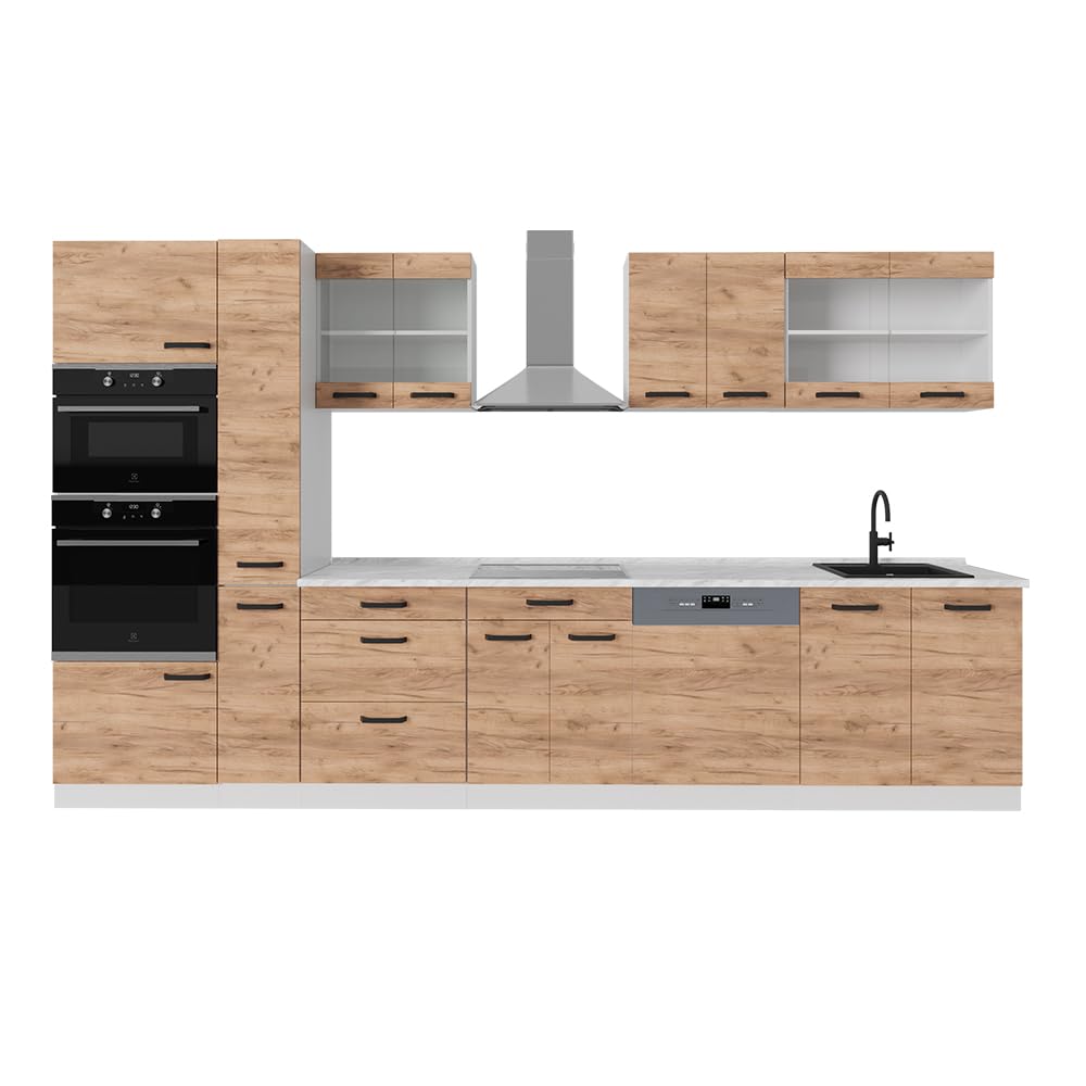 Vicco Küchenzeile R-Line, Goldkraft Eiche/Weiß, 350 cm – ohne Arbeitsplatte