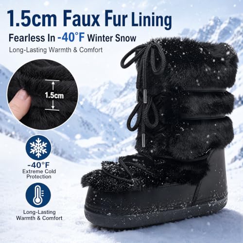 Image of ZHENAIYISHENG Furry Faux Fur Boots for Women - Fuzzy Winter Snow Boots - Fluffy Black White Pink Fur Boots - Lace-up Mid-Calf Water-Resistant Platform Boots