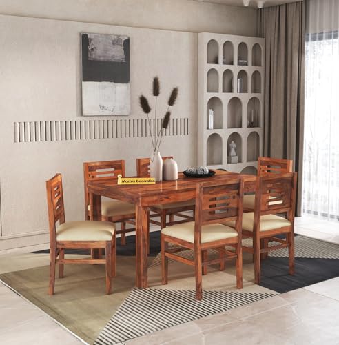 Solid Sheesham Wood Dining Table Set 6 Seater | Six Seater Dining Table with 6 Cushions Chairs for Living Room | Dinning Table Set 6 Seater for Living Room, Hotels & Restaurant | Honey Finish