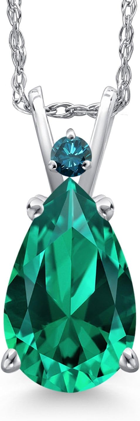 Gem Stone King 14K White Gold Green Nano Emerald and Blue Diamond Pendant Necklace for Women | 2.47 Cttw | Gemstone May Birthstone | Pear Shape 12X8MM | With 18 Inch Chain
