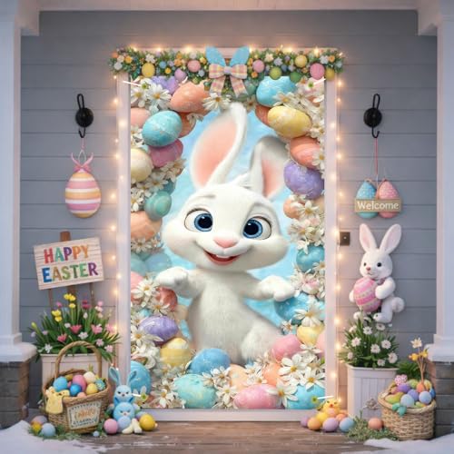 Image of Happy Easter Door Cover Cute Bunny Banner Pastel Eggs Floral Spring Front Door Decorations Home Party Outdoor Decor 35.4x71 Inch