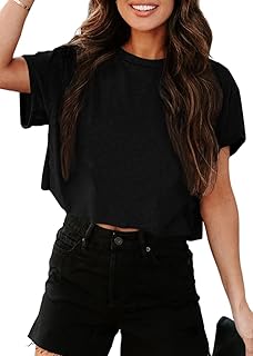 Women's Cropped T Shirts Trendy Short Sleeve Crew Neck Crop Tops Solid B...