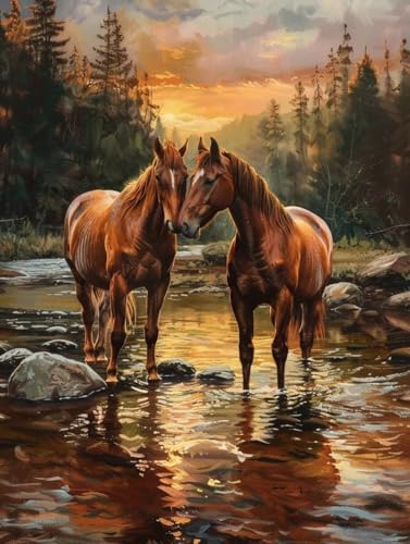 Broderie Diamant Cristal Paysage Cheval : Art Mural Haut de Gamme 50x70cm