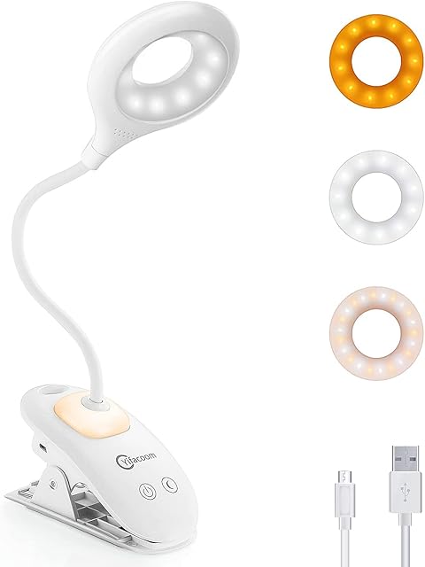 Yifacoom Clip on Reading Light with Night Light, USB Light LED Desk Lamp with Clamp, 3 Colors and Dimmable Brightness, USB Rechargeable Clamp Light for Works, Bed, Study