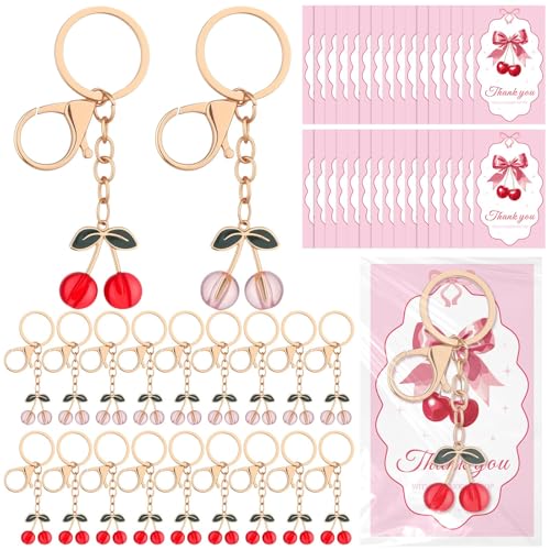 Easywiny 30 Sets Cherry Keychain Party Favor Fruit Cherries Keyring with Greeting Cards and Bags Thank You Gifts Cherry on Top Baby Shower Decorations Wedding Guest Gifts Birthday Party Supplies