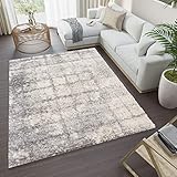 TAPISO Versay Alfombra Salón Habitación Juvenil Moderna Crema Gris Oscuro Geométrica Pelo Largo Suave Shaggy 200 x 300 cm