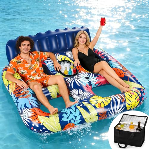 FORMIZON Colchoneta Piscina Adultos, Colchoneta Playa Grande, Tanning Pool 2 Personas con Portavasos Barra de Hielo Bolsa Térmica, Piscina Flotadores Adultos 180×155CM para Playa Fiestas (Azul)