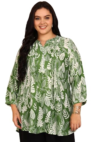 Image of Yash Gallery Women's Wrinkle Free Printed Short Kurti Mandarin Collar with Pintuck Pleats 3 /4th Sleeve