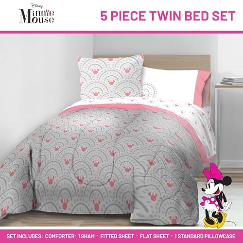 Image of Disney Minnie Mouse Twin Comforter Set 5 Piece Bedding for Girls, Grey | Bed in a Bag, Comforter Sheets Sham Pillowcase, Official Product, Soft Microfiber, Machine Washable, Easy Care, Girls Gift