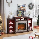SAVOR LIFE Fireplace TV Stand for 80'' TV, 70' Electric Fireplace with Mantel, Farmhouse 39' Tall Entertainment Center, Media Console with Remote Control, Fire Place TV Stands for Living Room, Brown