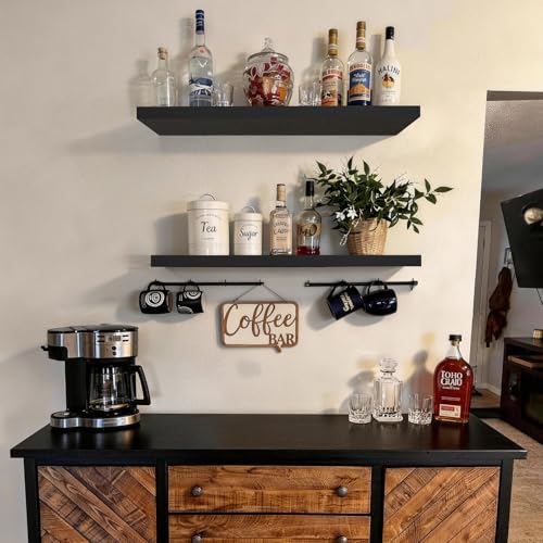 Image of BAYKA Floating Shelves for Wall, 35.4 inches Long Wall Mounted Rustic Wood Shelves for Bathroom, Bedroom, Living Room, Kitchen, Office, Hanging Shelf for Books /Storage /Decor(Black,Set of 2)