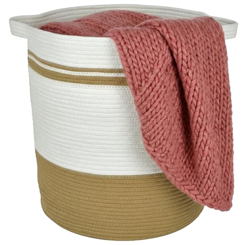 Celley Wäschekorb aus Baumwollseil 45 cm – Braun & Weiß Geflochtener Korb mit Griffen