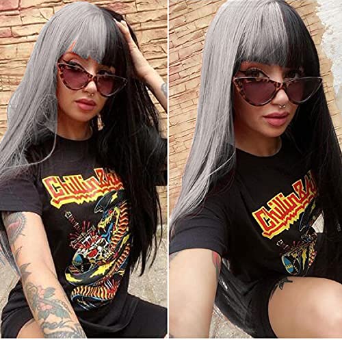 Monikahair Long Straight Wig Half Grey Half Black Long Grey Wig with Bangs Half and Half Long Straight Black Fashion Natural Synthetic Grey Bangs Wigs for Women (Black/Grey)
