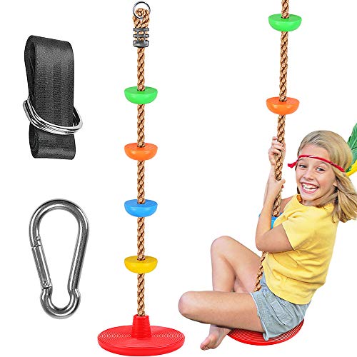 WAREMAID Climbing Rope Tree Swing with Platforms and Disc Swings Seat, Outdoor Backyard Playground Swingset Accessories with 1.5M Strap and Snap Hooks for Kids