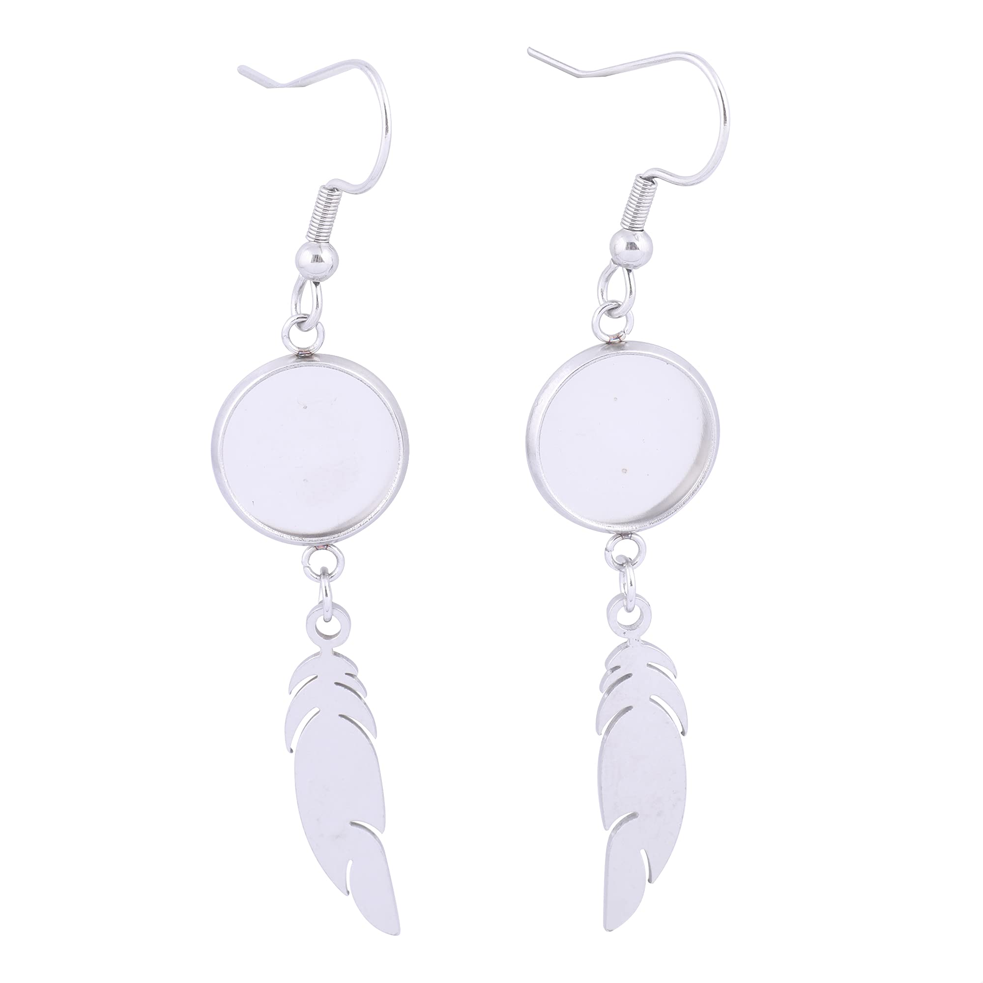Reidgaller 20pcs Stainless Steel Fit 12mm Cabochon Earring Base Settings With Feather Charm Diy Bezel Tray Blanks For Jewerly Making Supplies (steel color)