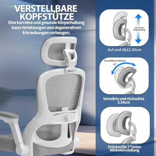 Image of TRALT Ergonomic Office Chair, Office Chair, Gaming Chair with Adjustable Headrest, Lumbar Support, Home Office, Desk Chair, Computer Chair for Large People, Mesh Chair, 150 kg, Grey