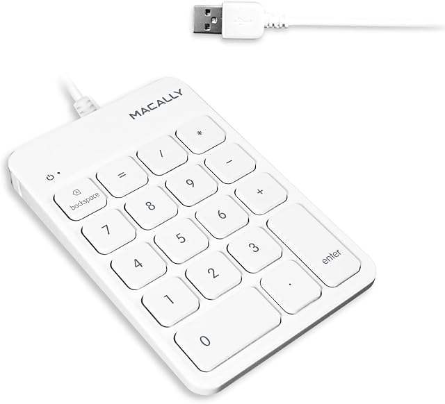 Macally Wired USB Number Pad for Laptop - Slim USB Numeric Keypad with 5ft Cable, Plug and Play 18 Keys - Keyboard Numpad Compatible with Windows PC and Mac - Perfect Add On 10 Key USB Keypad - White