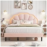 HIFIT Queen Upholstered Smart LED Bed Frame with Adjustable Chic Petal Headboard, Soft Princess Queen Size Platform Bed Frame for Girls, Wooden Slats Support, No Box Spring Needed, Easy Assembly, Pink