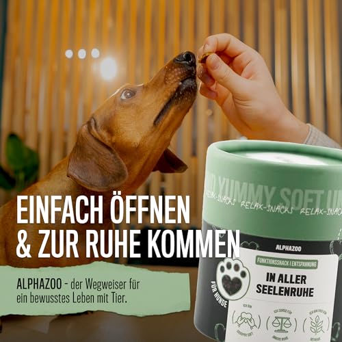 alphazoo In Aller Seelenruhe 60 g – Snack für Hunde mit Baldrian, Melisse & Ashwagandha. Ergänzungsfuttermittel zur Unterstützung von Entspannung & innerer Balance. Ohne künstliche Zusätze.