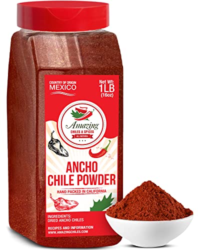 Ancho Chile Pepper Powder Ground 1 LB (16oz) – All Natural - Use For Recipes Like Mexican Mole, Sauces, Stews, Salsa, Meats, Enchiladas. Medium Heat -Sweet & Smoky Flavor. By Amazing Chiles & Spices