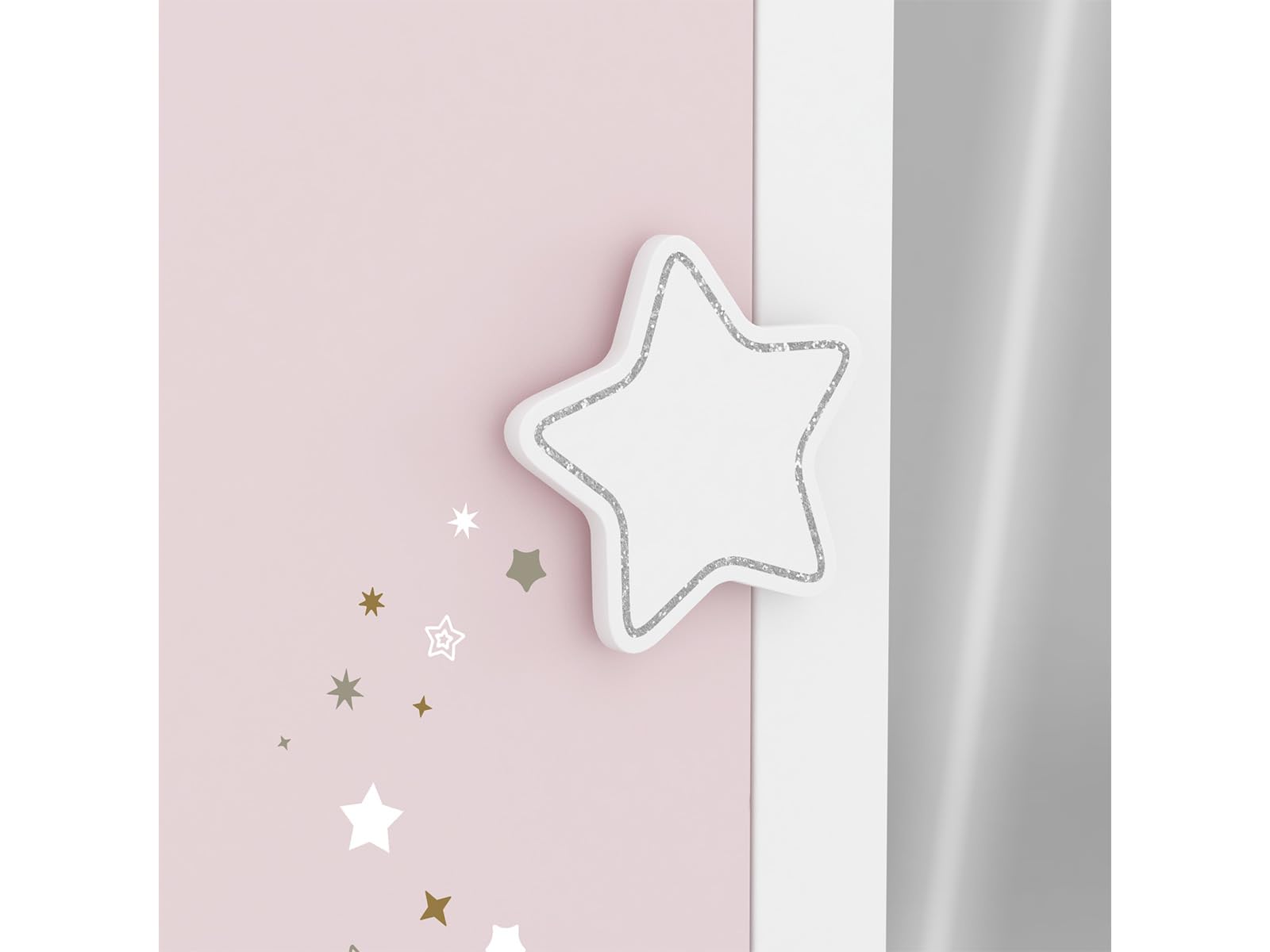 möbelando Prinzessin Kinder Kleiderschrank mit Himmelssternen und Ganzkörperspiegel, 2 Türen, 1 Schubkasten, 2 Kleiderstangen, Massivholzfüße - 89x185x50 cm (B/H/T), Rosa/weiß/grau #einfach zuckersüß