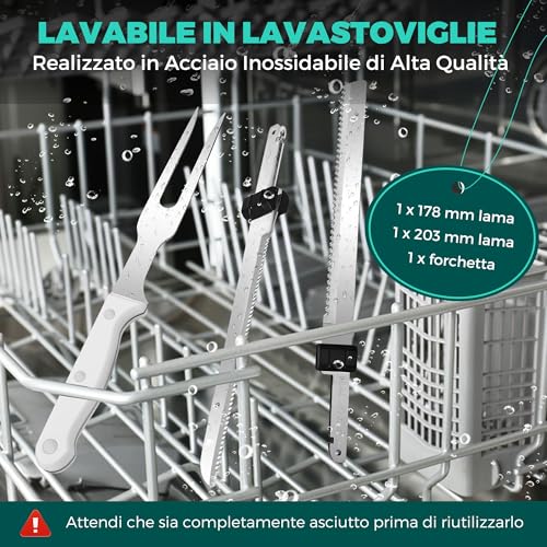 HAUSHOF Coltello Elettrico a Batteria con Coltello da Pane 18cm, Coltello da Bistecca 20cm e Forchetta, Coltello da Cucina Batteria 2000mAh, Ideale per Affettare Cotolette, Pane, Formaggio - Bianco - immagine 3