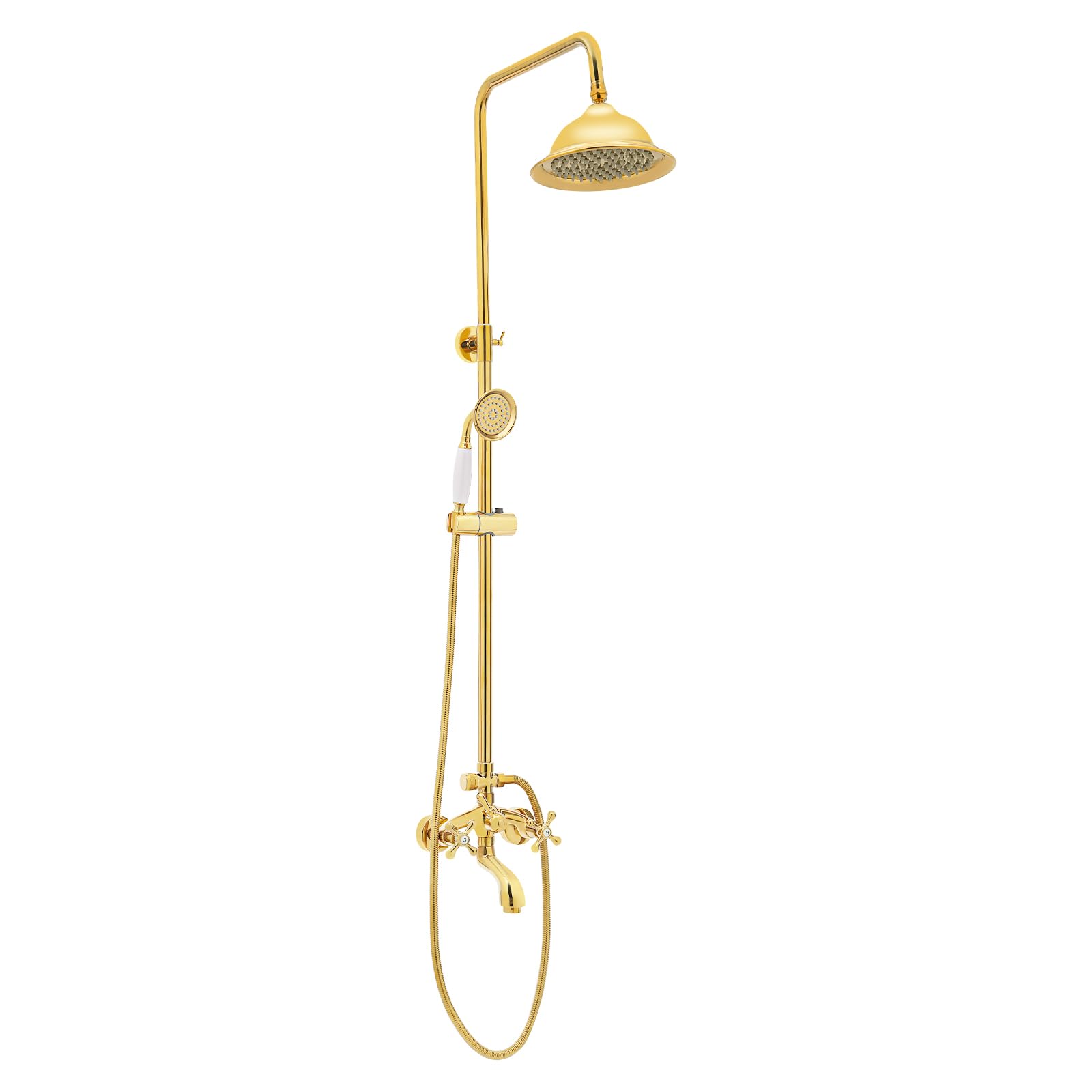 Système de douche complet en laiton doré avec pommeau de pluie et douchette chic