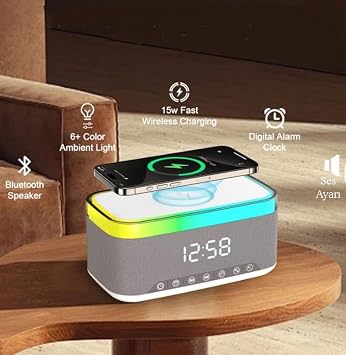 Jedel Bluetooth Hoparlör Kablosuz Şarj Özellikli Masa Saati, Gece Lambası, Çalar Saat