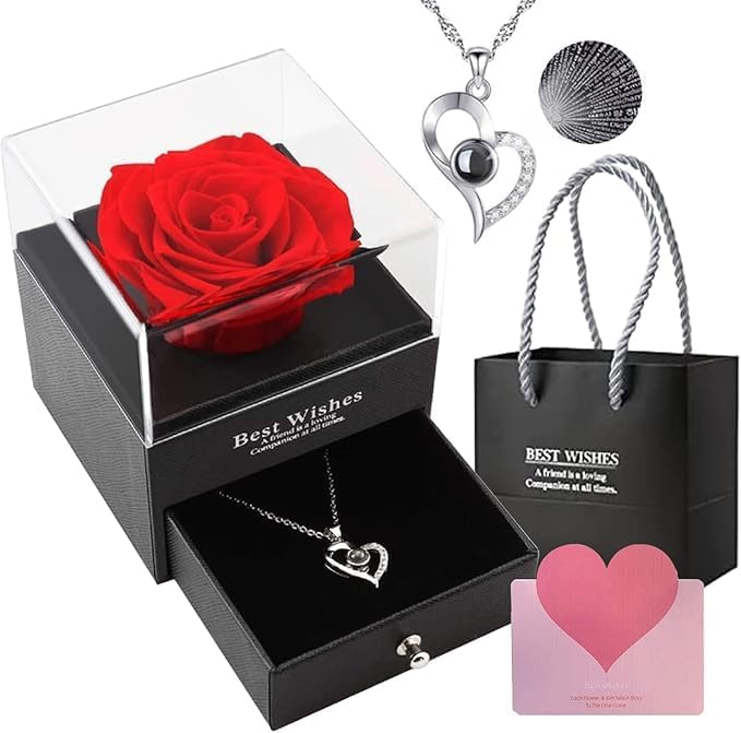 BeyondLuv Anniversary Birthday Gifts for Women, Wife, Love - Anniversary Wedding Gift For Wife Preserved Rose Flower With Heart Necklace| Gifts For Her/Gift Set Women/Ramadan Gift| womens day gifts