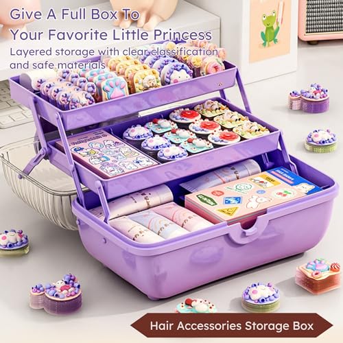 Image of KiZY Girl Kid Hair Accessories Storage Box | Hair Ties-Clips, Bow-Ribbon-Headband, Jewelry Organizer | Portable Case | Available in Multiple Design-Color. (Pack of - 1, Kid Purple)