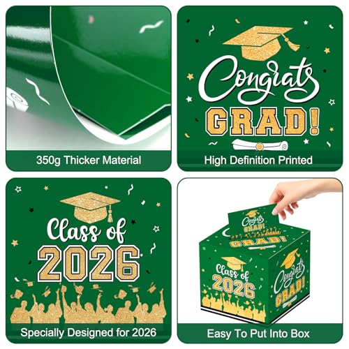 Graduation Card Box 2026 - Congrats Grad Card Boxes Holder, Green and Gold Class of 2026 Graduation Gift Cards Box for Graduation Party Decorations 2026 Favors Decor Supplies Props,9x 9 x 9 inches — view 4