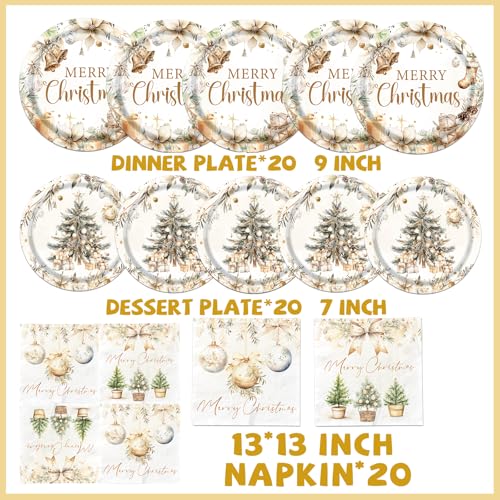 Christmas Paper Plates and Napkins, Vintage Plates Napkins Disposable Holiday Party Supplies for Christmas Party Decorations, Serve 20 – Image 7