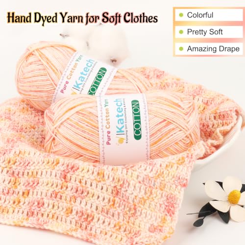 Image of Katech 1OO% Variegated Cotton Yarn for Crocheting-2 Sport Weight Baby Yarns | 6*50g(1.76oz) /160m(175yd)-Soft & Breathable, Pure Cotton Yarn Bulk-Fine Multicolor Yarns for Summer Clothes, Shawls, Dress(E)