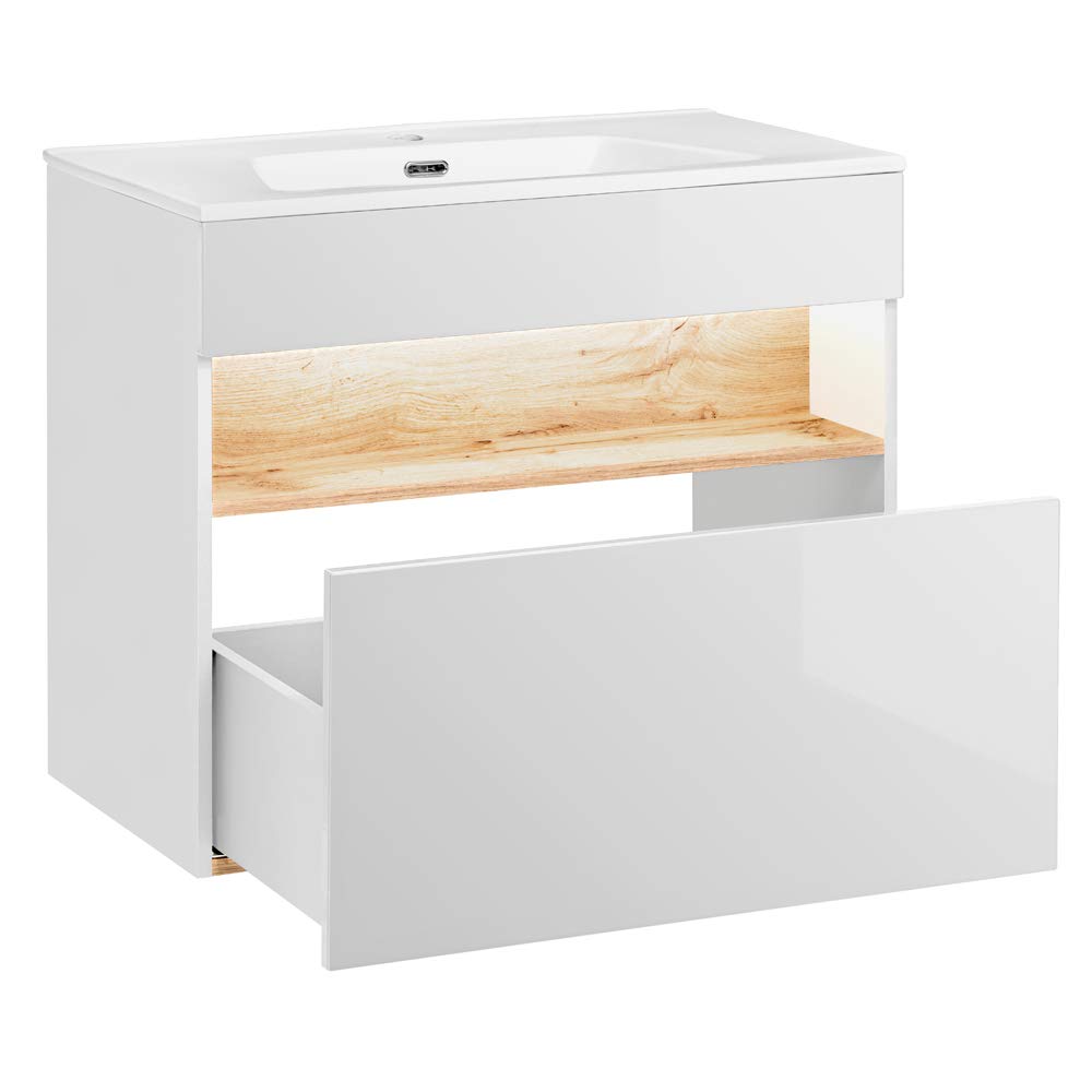 Lomadox Badmöbel Komplett Set, 80cm Unterschrank mit Keramik Waschbecken, Hochglanz weiß mit Wotaneiche, 2 Hochschränke und LED-Spiegelschrank
